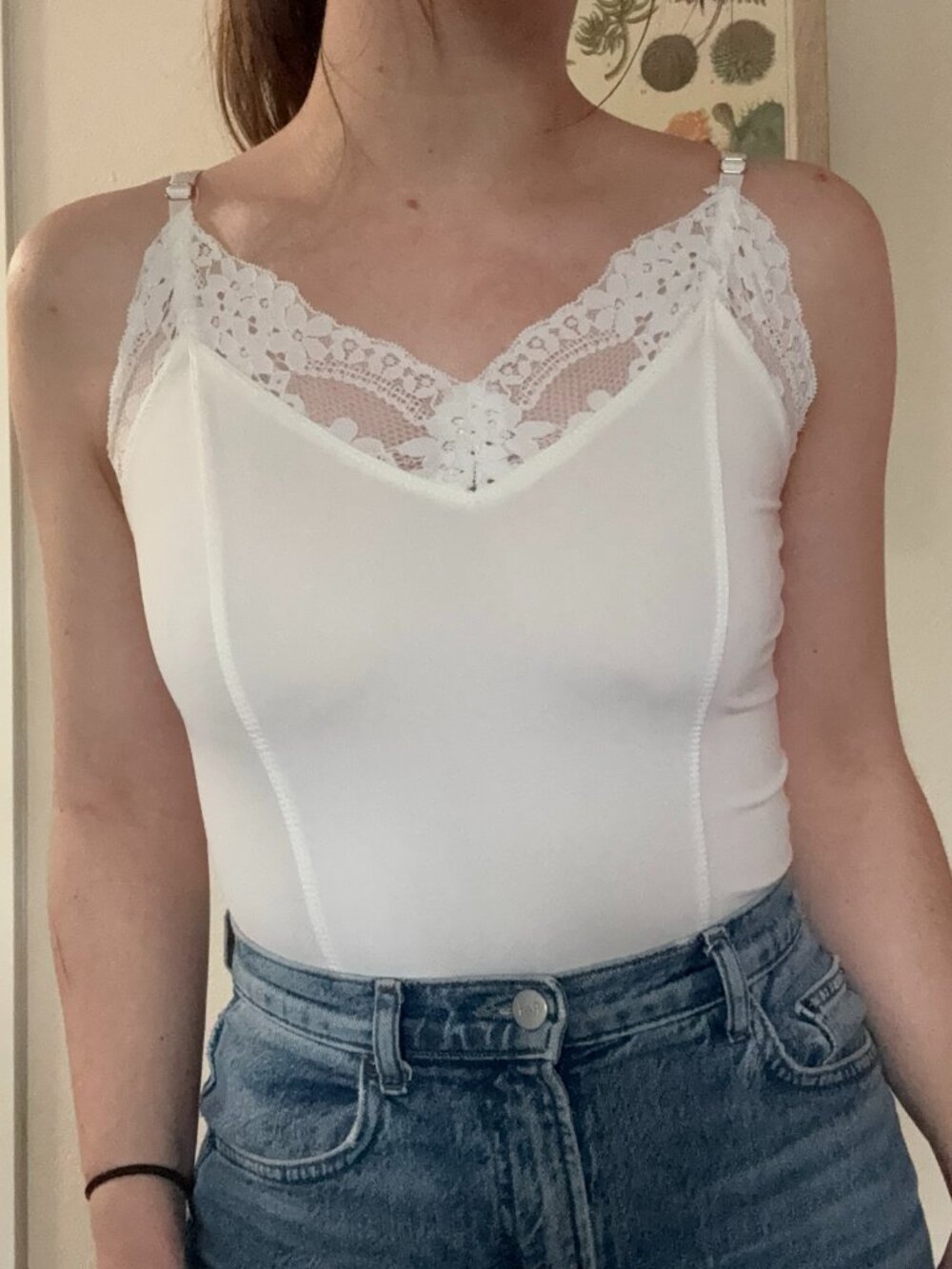 Lulus White Lace Trim V-Neck Camisole Bodysuit Top Size Small